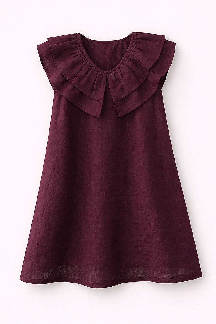 Maroon Pure Linen Dress For Girls by FUNNY BONES CLOTHINGS at Pernia's Pop Up Shop