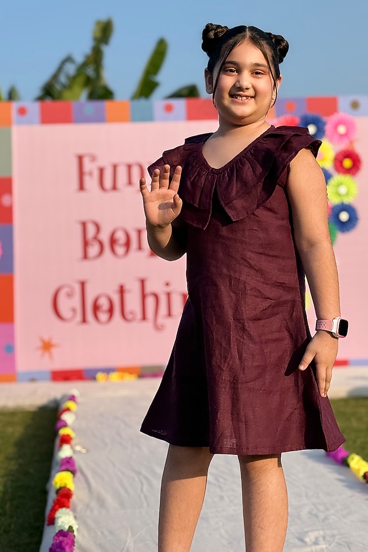 Maroon Pure Linen Dress For Girls by FUNNY BONES CLOTHINGS at Pernia's Pop Up Shop