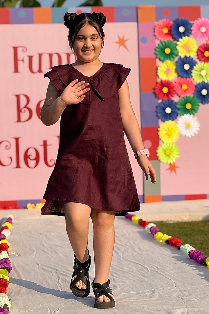 Maroon Pure Linen Dress For Girls by FUNNY BONES CLOTHINGS at Pernia's Pop Up Shop