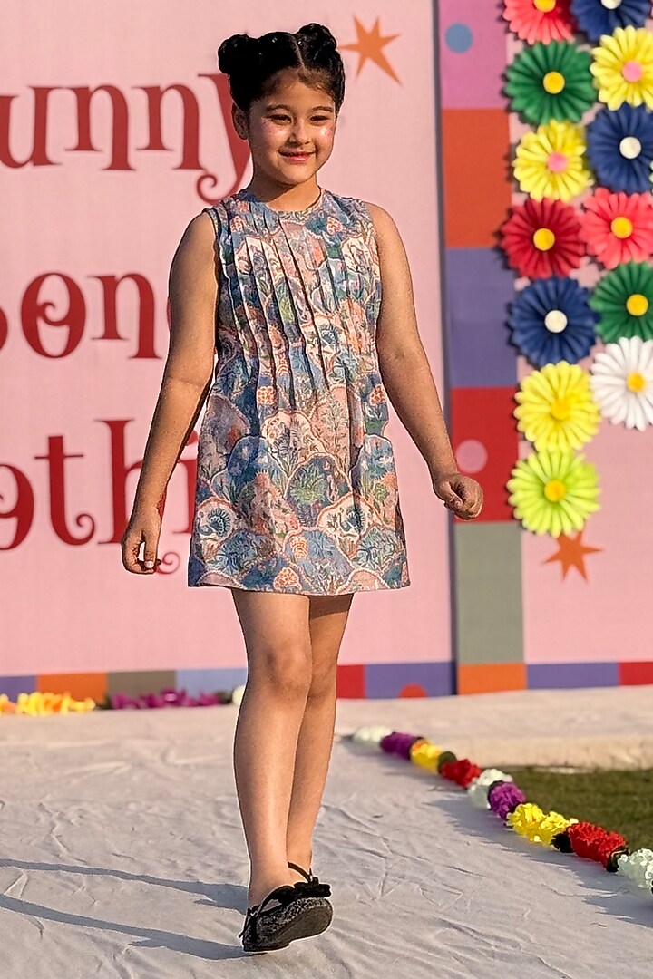 Multi-Colored Pure Linen Fauna Printed Dress For Girls by FUNNY BONES CLOTHINGS at Pernia's Pop Up Shop