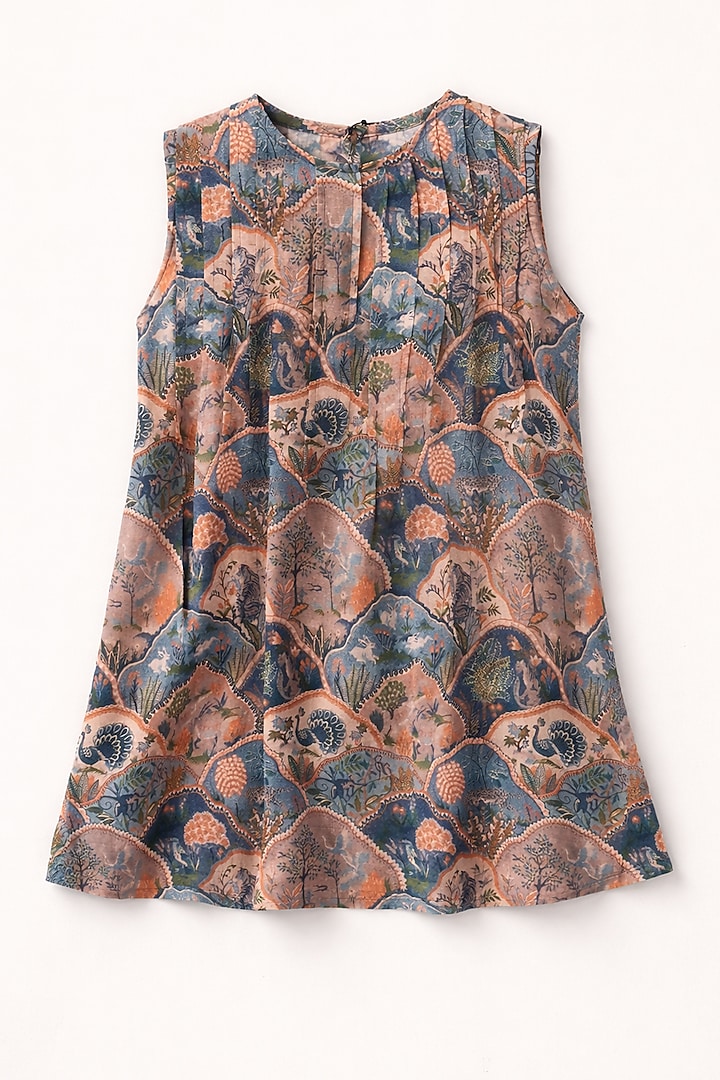 Multi-Colored Pure Linen Fauna Printed Dress For Girls by FUNNY BONES CLOTHINGS at Pernia's Pop Up Shop