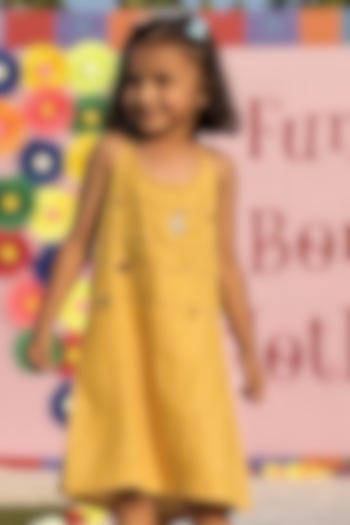 Mustard Pure Linen Handwork Dress For Girls by FUNNY BONES CLOTHINGS at Pernia's Pop Up Shop