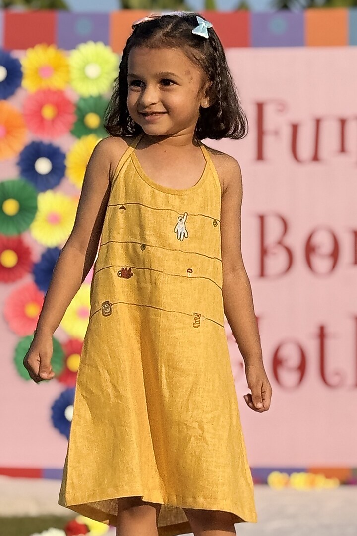 Mustard Pure Linen Handwork Dress For Girls by FUNNY BONES CLOTHINGS at Pernia's Pop Up Shop