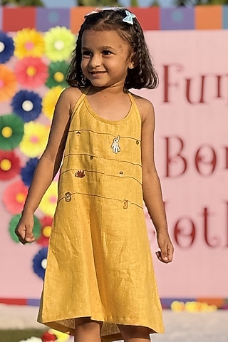 Mustard Pure Linen Handwork Dress For Girls by FUNNY BONES CLOTHINGS