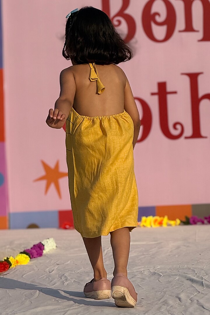 Mustard Pure Linen Handwork Dress For Girls by FUNNY BONES CLOTHINGS at Pernia's Pop Up Shop