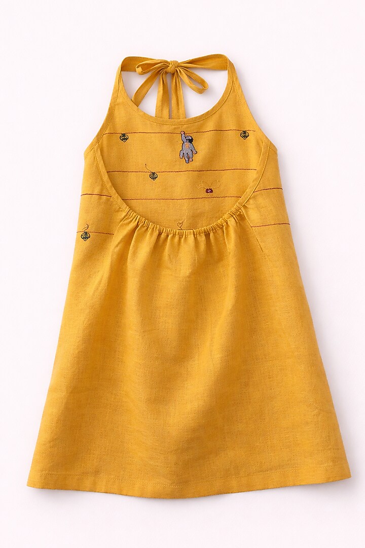 Mustard Pure Linen Handwork Dress For Girls by FUNNY BONES CLOTHINGS at Pernia's Pop Up Shop