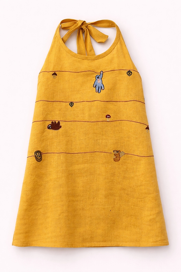 Mustard Pure Linen Handwork Dress For Girls by FUNNY BONES CLOTHINGS at Pernia's Pop Up Shop