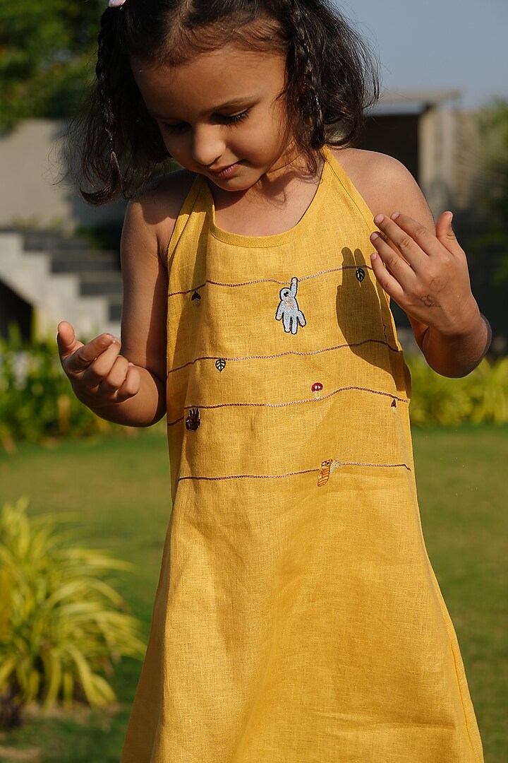 Mustard Pure Linen Handwork Dress For Girls by FUNNY BONES CLOTHINGS at Pernia's Pop Up Shop