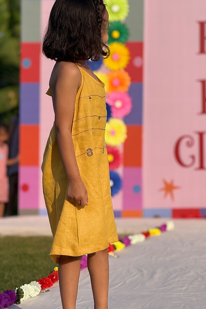 Mustard Pure Linen Handwork Dress For Girls by FUNNY BONES CLOTHINGS at Pernia's Pop Up Shop