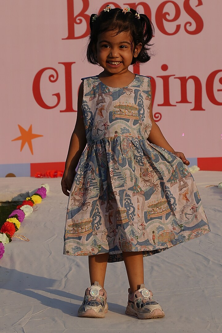Multi-Colored Pure Linen Carnival Printed Dress For Girls by FUNNY BONES CLOTHINGS at Pernia's Pop Up Shop