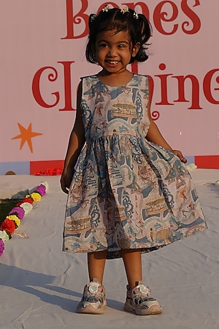Multi-Colored Pure Linen Carnival Printed Dress For Girls by FUNNY BONES CLOTHINGS