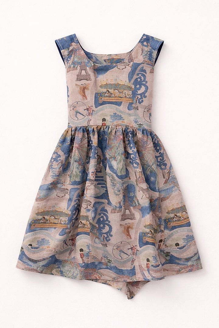 Multi-Colored Pure Linen Carnival Printed Dress For Girls by FUNNY BONES CLOTHINGS at Pernia's Pop Up Shop