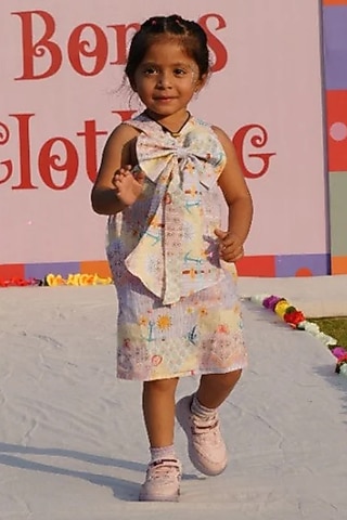 Multi-Colored Pure Linen Sea Life Printed Dress For Girls by FUNNY BONES CLOTHINGS