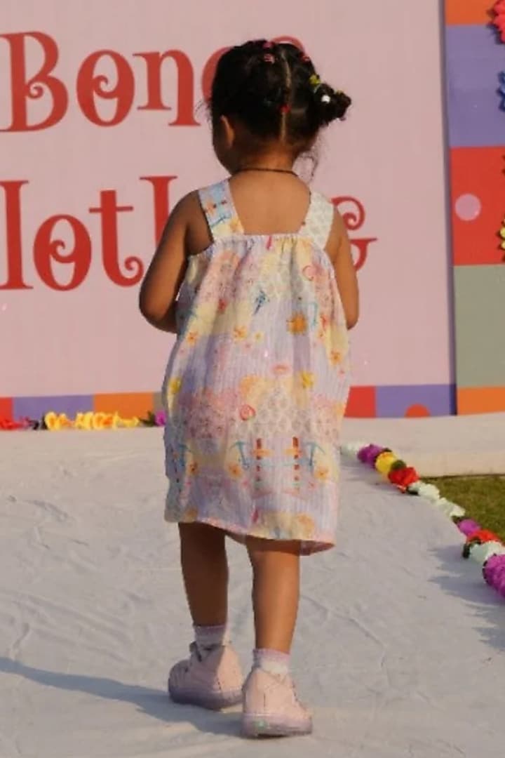 Multi-Colored Pure Linen Sea Life Printed Dress For Girls by FUNNY BONES CLOTHINGS at Pernia's Pop Up Shop