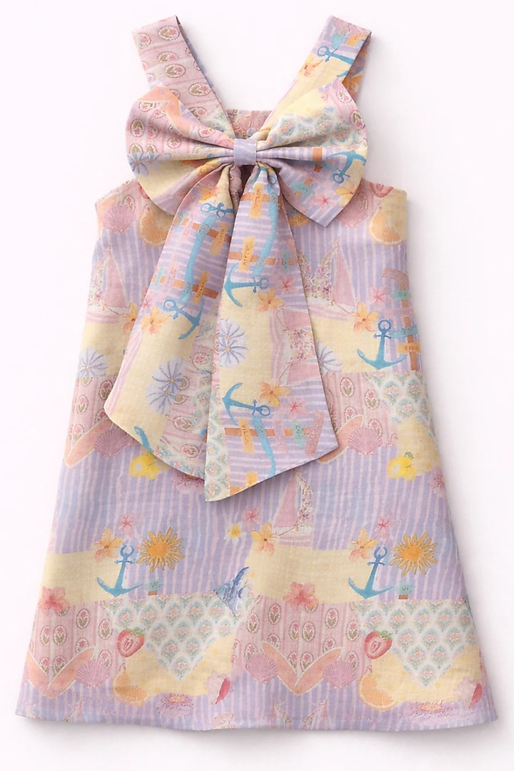 Multi-Colored Pure Linen Sea Life Printed Dress For Girls by FUNNY BONES CLOTHINGS at Pernia's Pop Up Shop