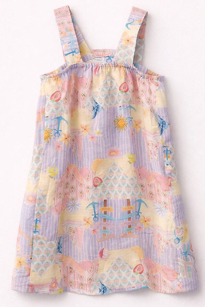 Multi-Colored Pure Linen Sea Life Printed Dress For Girls by FUNNY BONES CLOTHINGS at Pernia's Pop Up Shop