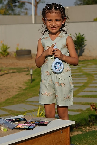 Green Pure Linen Printed Co-Ord Set For Girls by FUNNY BONES CLOTHINGS