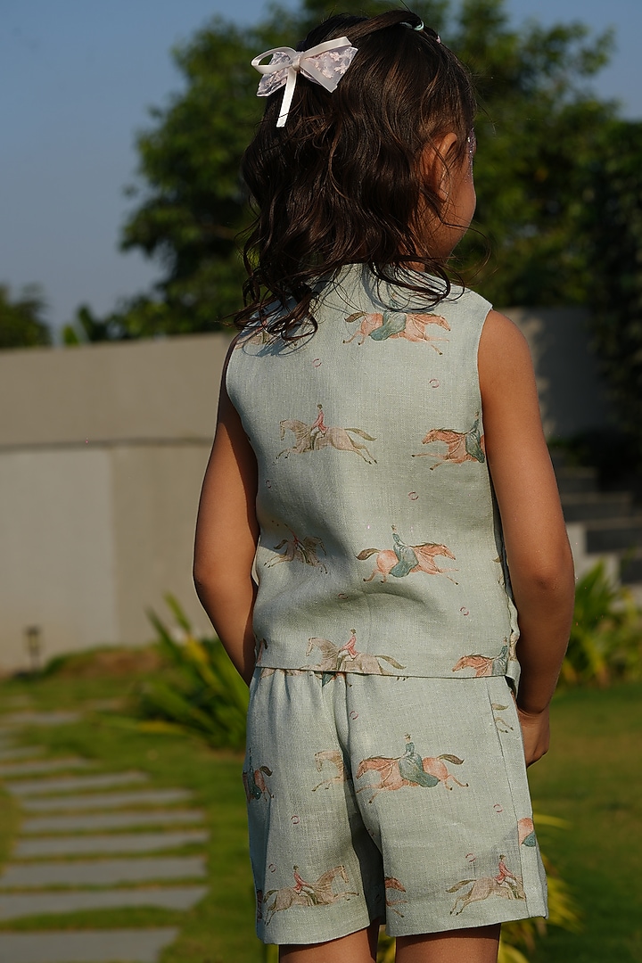 Green Pure Linen Printed Co-Ord Set For Girls by FUNNY BONES CLOTHINGS at Pernia's Pop Up Shop