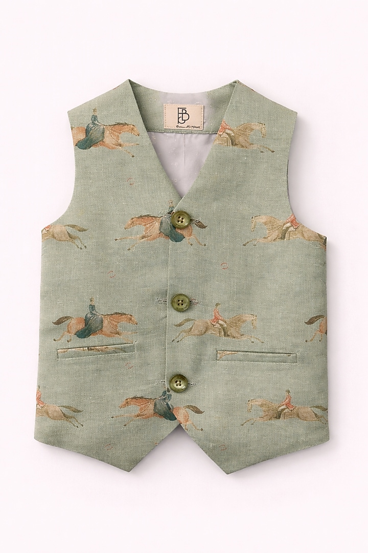 Green Pure Linen Printed Co-Ord Set For Girls by FUNNY BONES CLOTHINGS at Pernia's Pop Up Shop