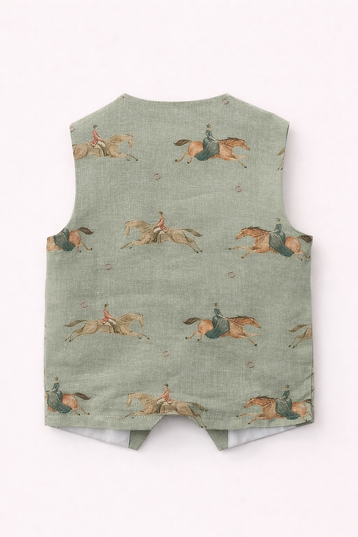 Green Pure Linen Printed Co-Ord Set For Girls by FUNNY BONES CLOTHINGS at Pernia's Pop Up Shop