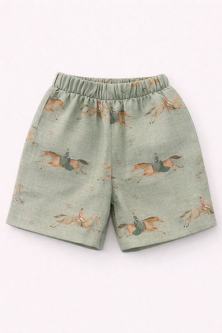 Green Pure Linen Printed Co-Ord Set For Girls by FUNNY BONES CLOTHINGS at Pernia's Pop Up Shop