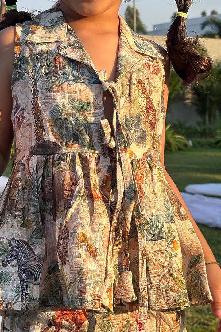Multi-Colored Pure Linen Printed Co-Ord Set For Girls by FUNNY BONES CLOTHINGS at Pernia's Pop Up Shop