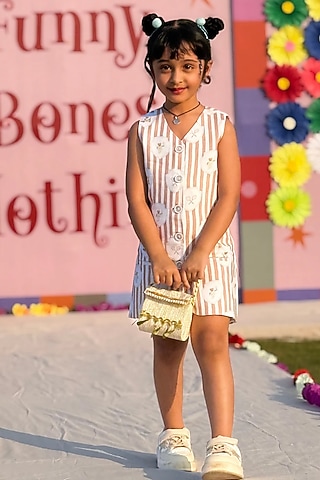 Multi-Colored Pure Linen Striped Printed Dress For Girls by FUNNY BONES CLOTHINGS