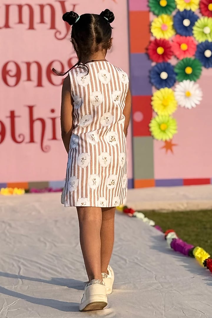 Multi-Colored Pure Linen Striped Printed Dress For Girls by FUNNY BONES CLOTHINGS at Pernia's Pop Up Shop