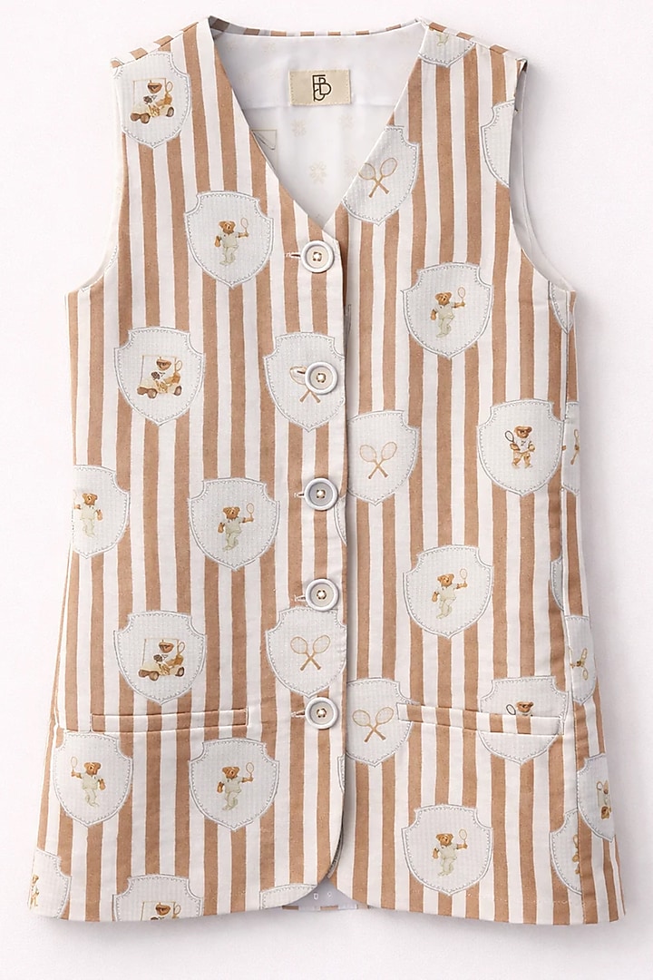Multi-Colored Pure Linen Striped Printed Dress For Girls by FUNNY BONES CLOTHINGS at Pernia's Pop Up Shop