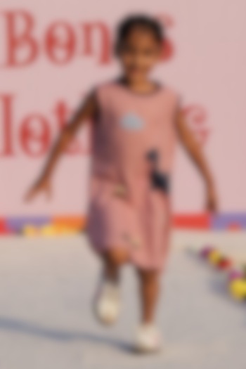 Peach Pure Linen Applique Handwork Dress For Girls by FUNNY BONES CLOTHINGS at Pernia's Pop Up Shop