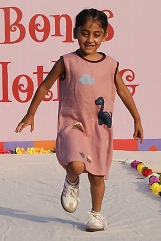 Peach Pure Linen Applique Handwork Dress For Girls by FUNNY BONES CLOTHINGS