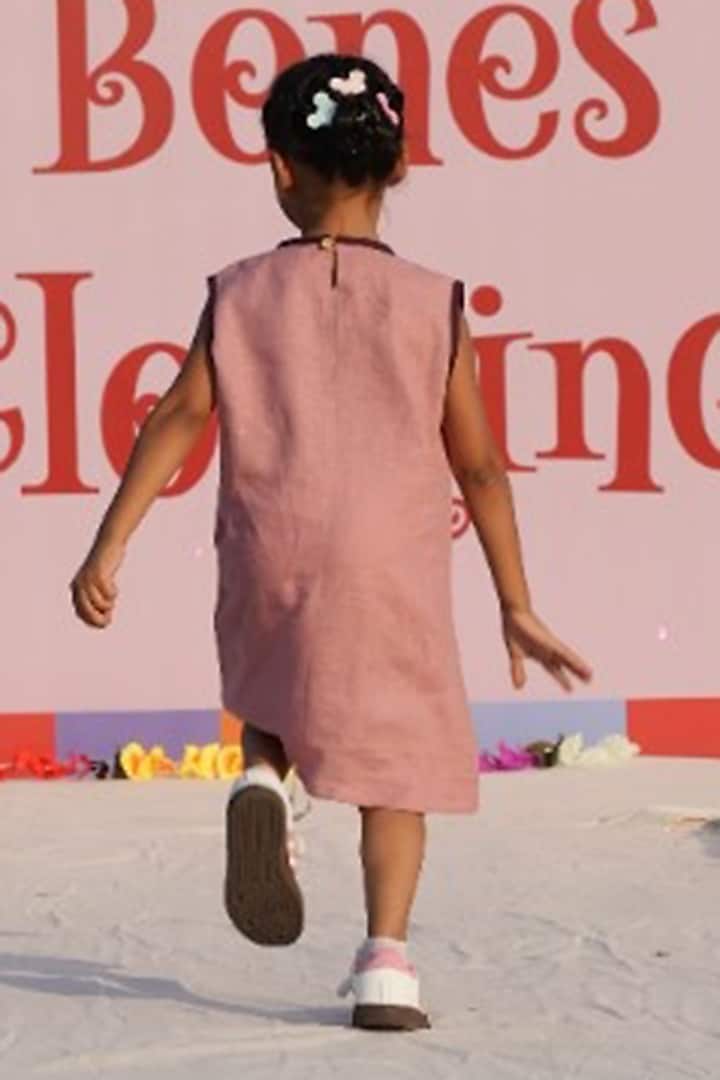 Peach Pure Linen Applique Handwork Dress For Girls by FUNNY BONES CLOTHINGS at Pernia's Pop Up Shop