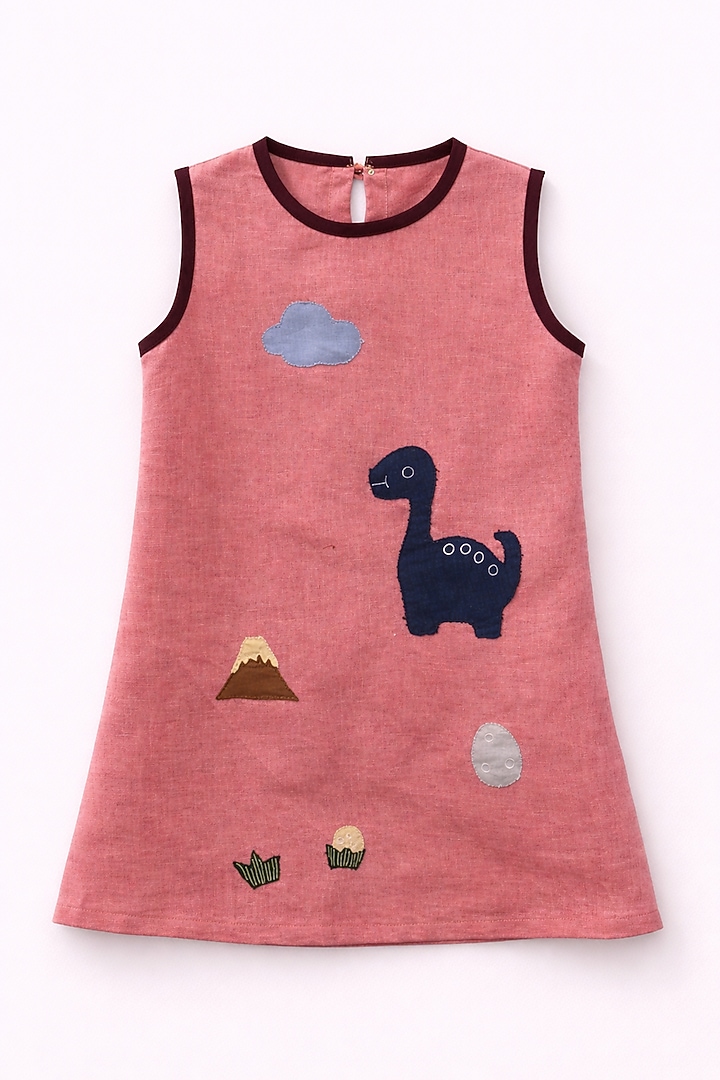 Peach Pure Linen Applique Handwork Dress For Girls by FUNNY BONES CLOTHINGS at Pernia's Pop Up Shop