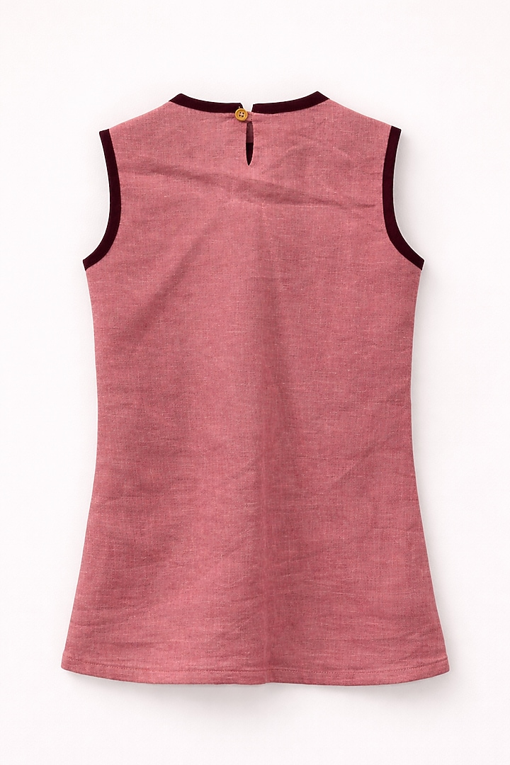 Peach Pure Linen Applique Handwork Dress For Girls by FUNNY BONES CLOTHINGS at Pernia's Pop Up Shop