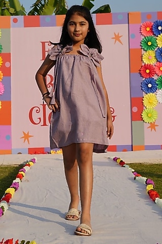 Lavender Pure Linen Dress For Girls by FUNNY BONES CLOTHINGS