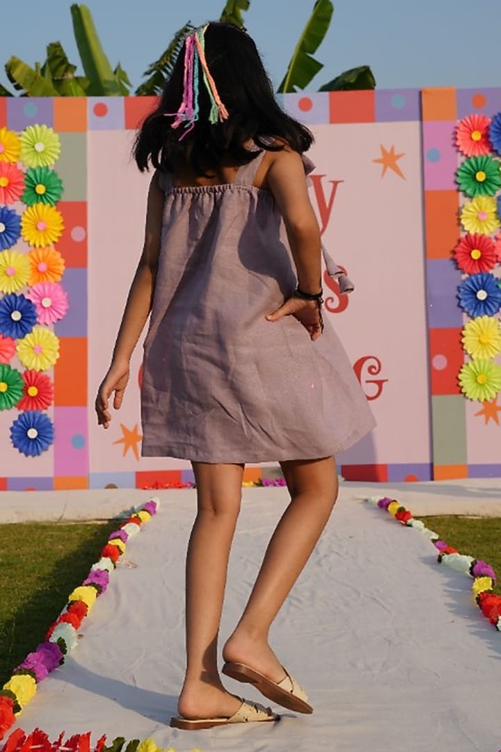 Lavender Pure Linen Dress For Girls by FUNNY BONES CLOTHINGS at Pernia's Pop Up Shop