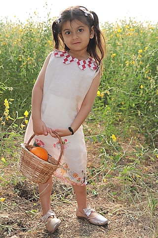 Beige Pure Linen Printed Co-Ord Set For Girls by FUNNY BONES CLOTHINGS