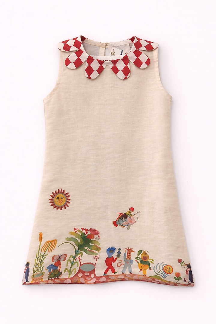 Beige Pure Linen Printed Co-Ord Set For Girls by FUNNY BONES CLOTHINGS at Pernia's Pop Up Shop