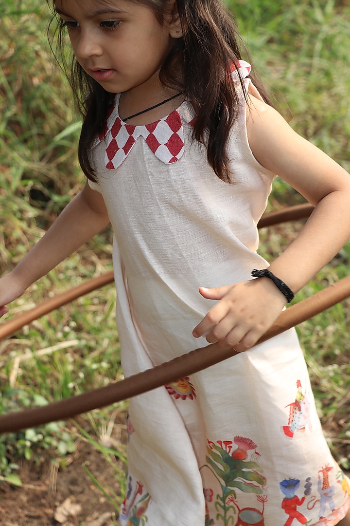 Beige Pure Linen Printed Co-Ord Set For Girls by FUNNY BONES CLOTHINGS at Pernia's Pop Up Shop