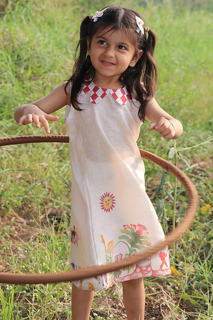 Beige Pure Linen Printed Co-Ord Set For Girls by FUNNY BONES CLOTHINGS at Pernia's Pop Up Shop