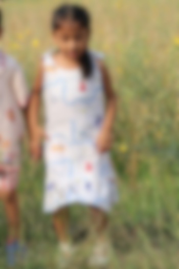 White Pure Linen Printed Dress For Girls by FUNNY BONES CLOTHINGS at Pernia's Pop Up Shop