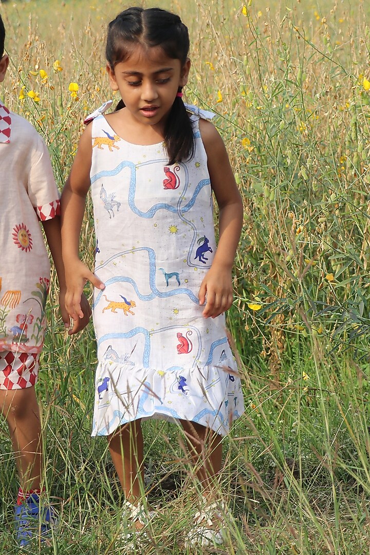 White Pure Linen Printed Dress For Girls by FUNNY BONES CLOTHINGS at Pernia's Pop Up Shop