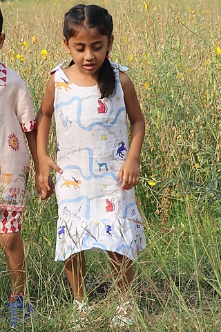 White Pure Linen Printed Dress For Girls by FUNNY BONES CLOTHINGS