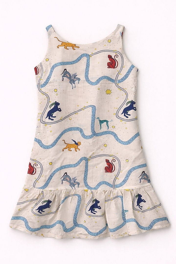 White Pure Linen Printed Dress For Girls by FUNNY BONES CLOTHINGS at Pernia's Pop Up Shop