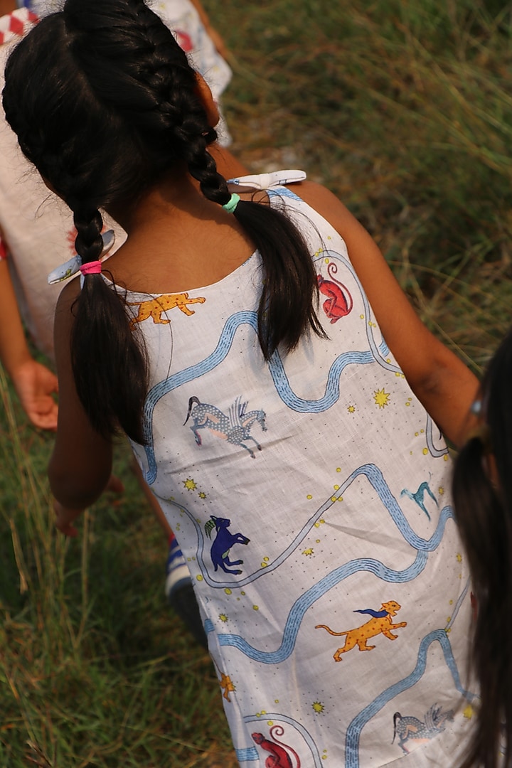 White Pure Linen Printed Dress For Girls by FUNNY BONES CLOTHINGS at Pernia's Pop Up Shop