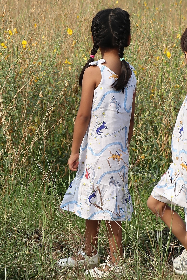 White Pure Linen Printed Dress For Girls by FUNNY BONES CLOTHINGS at Pernia's Pop Up Shop