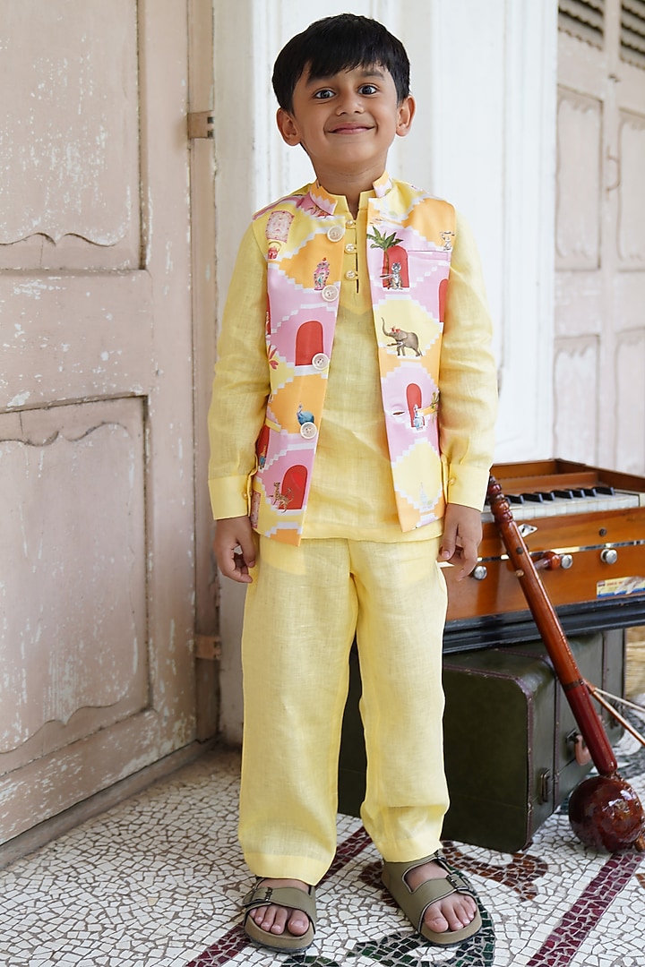 Yellow Linen Bundi Jacket Set For Boys by FUNNY BONES CLOTHINGS at Pernia's Pop Up Shop