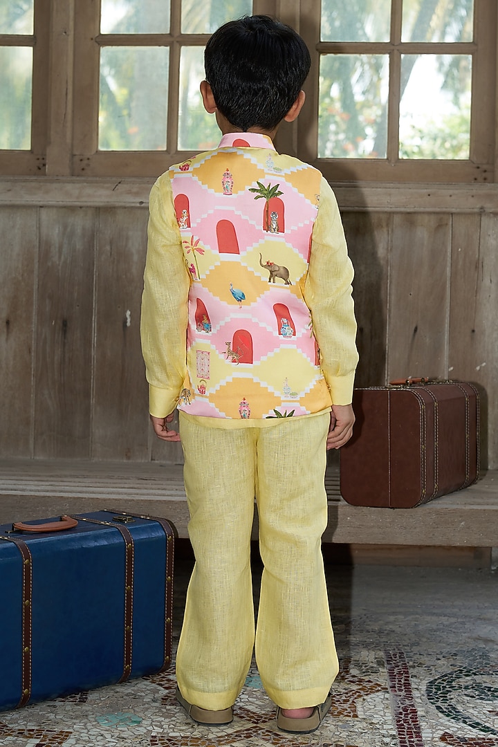 Yellow Linen Bundi Jacket Set For Boys by FUNNY BONES CLOTHINGS at Pernia's Pop Up Shop