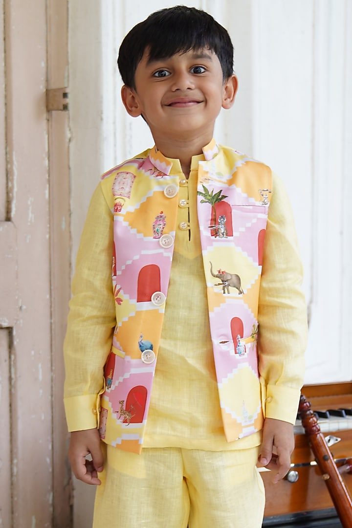 Yellow Linen Bundi Jacket Set For Boys by FUNNY BONES CLOTHINGS at Pernia's Pop Up Shop