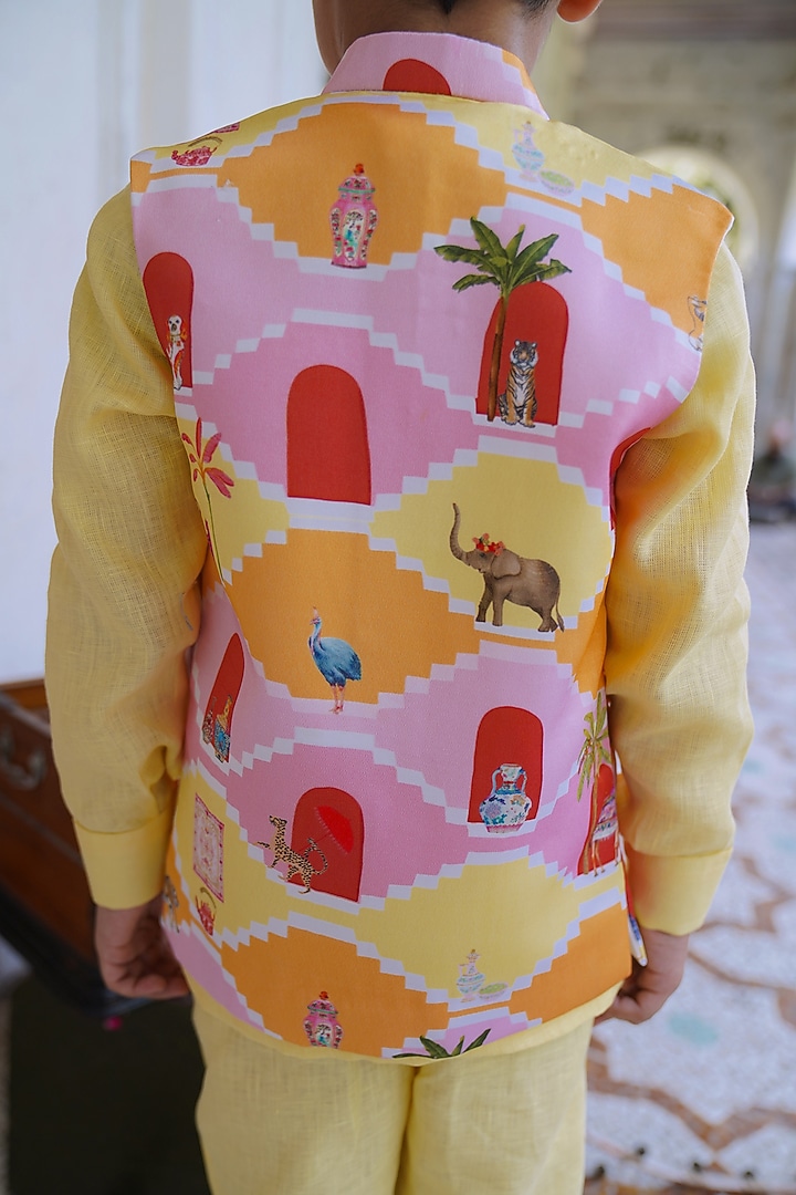 Yellow Linen Bundi Jacket Set For Boys by FUNNY BONES CLOTHINGS at Pernia's Pop Up Shop